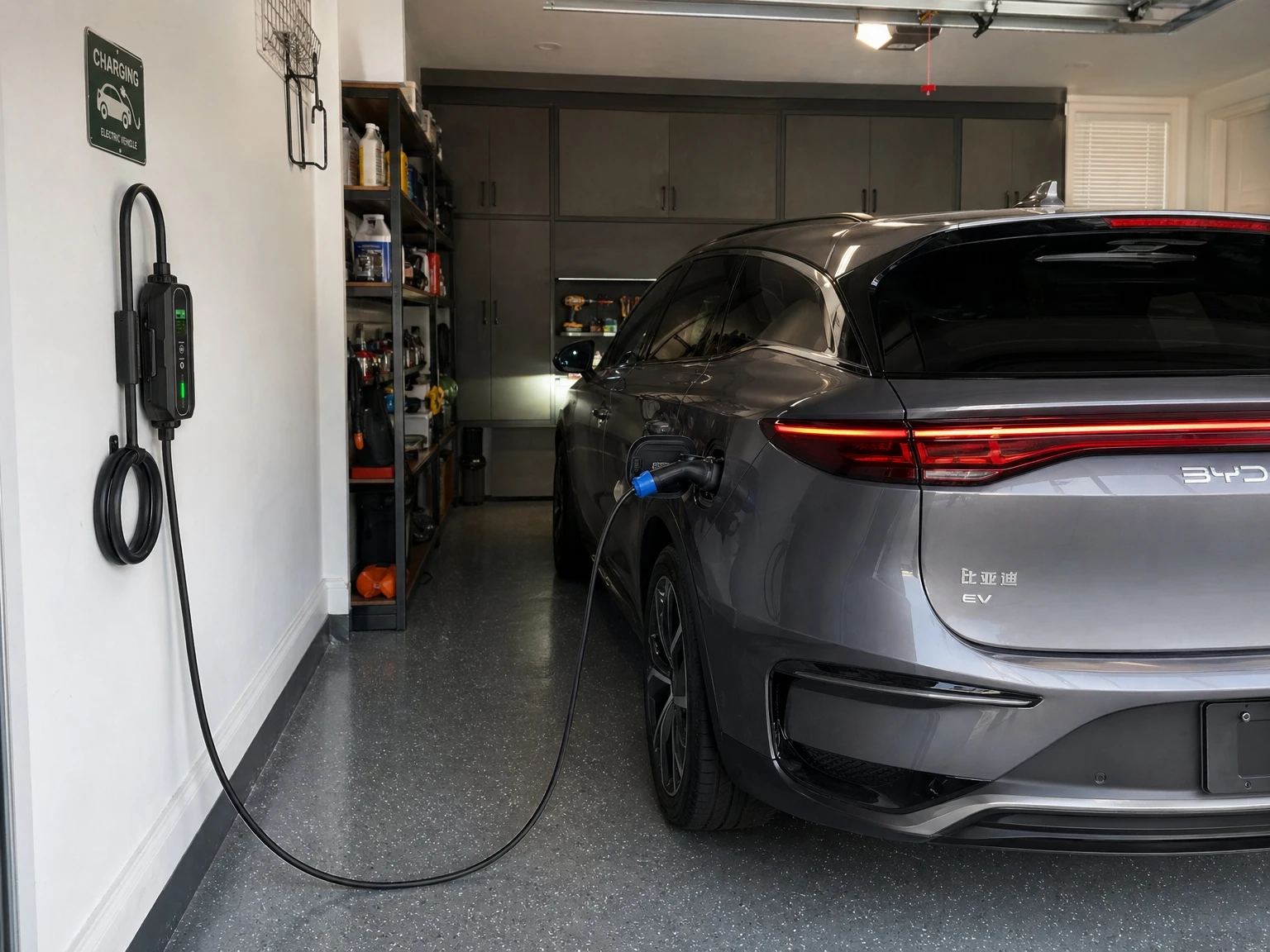 Mimeng portable EV charger charging an electric car in a home garage