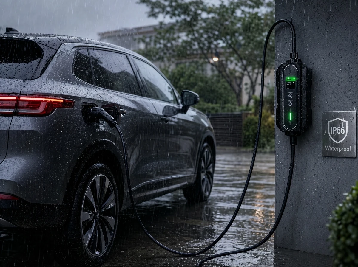 Mimeng portable EV charger charging in the rain outdoors
